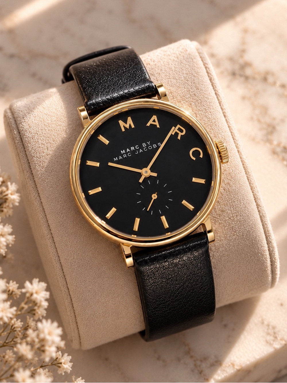 Marc by Marc Jacobs Baker MBM1269 Black Leather Gold Tone Watch 37mm